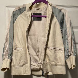 All Saints Leather & Silk, White & Light Blue, 3/4 Sleeves Track Jacket - Size M